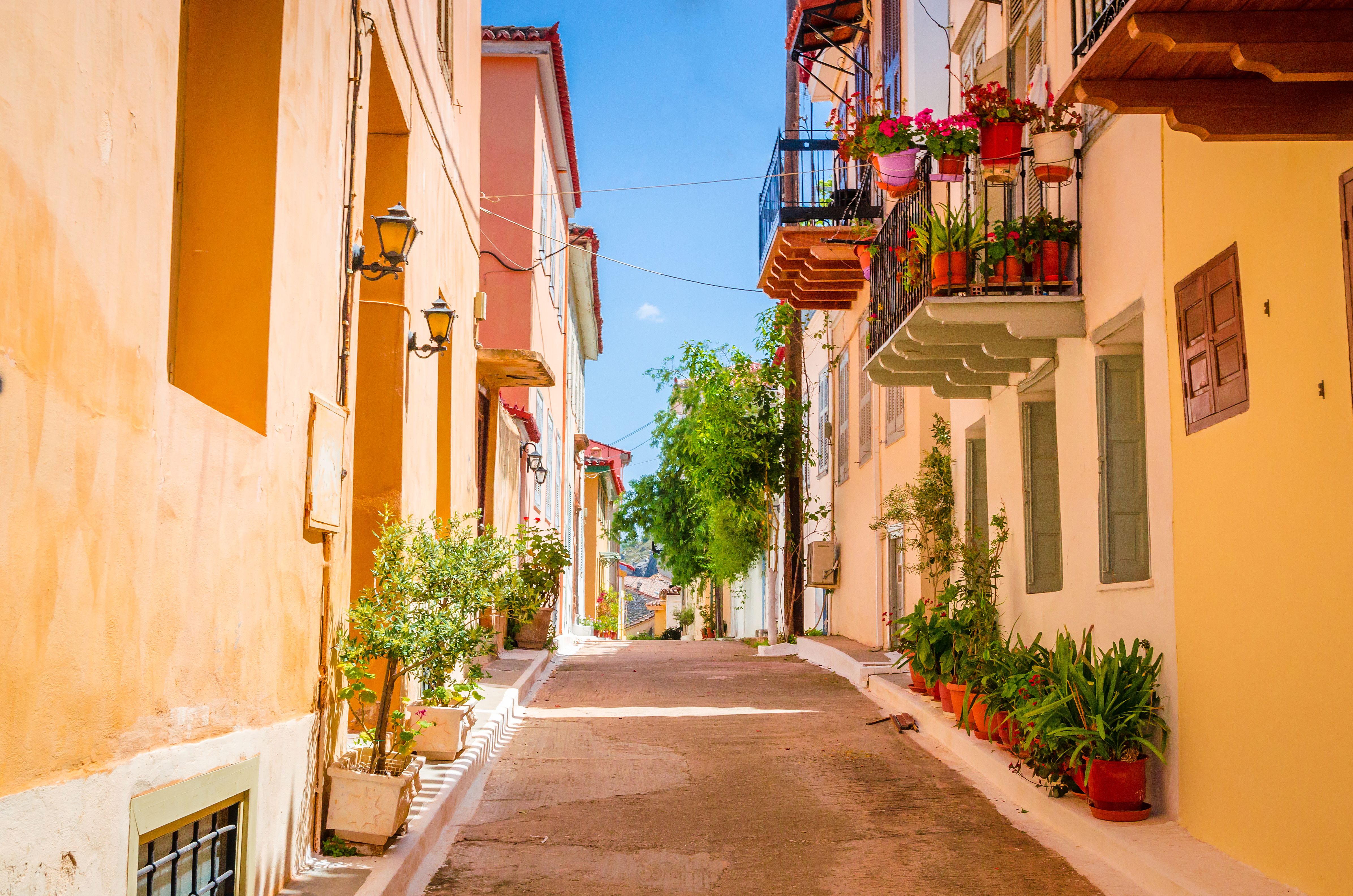 Traditional cozy greek street in city Nafplio, Greece